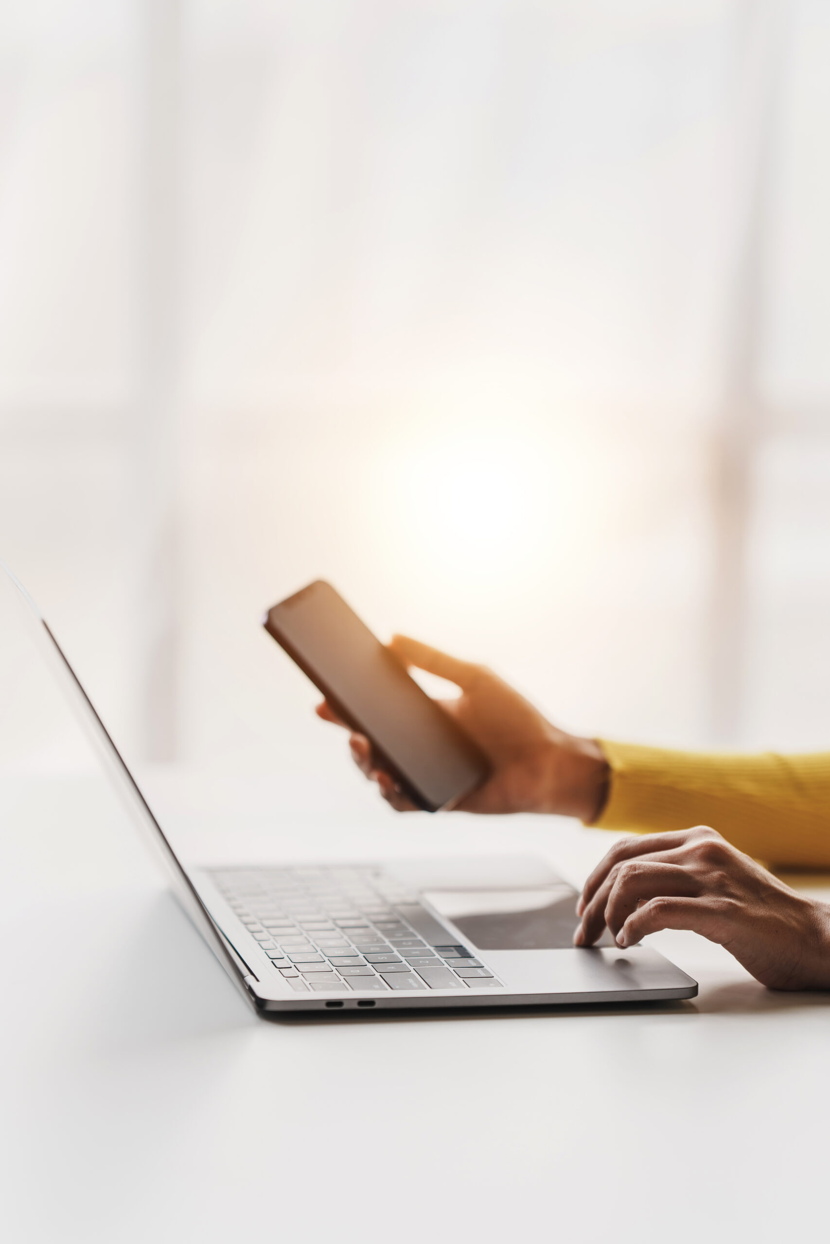 Type search information from the Internet network. Businessman working with smartphone, tablet and laptop computer on table in office. network concept